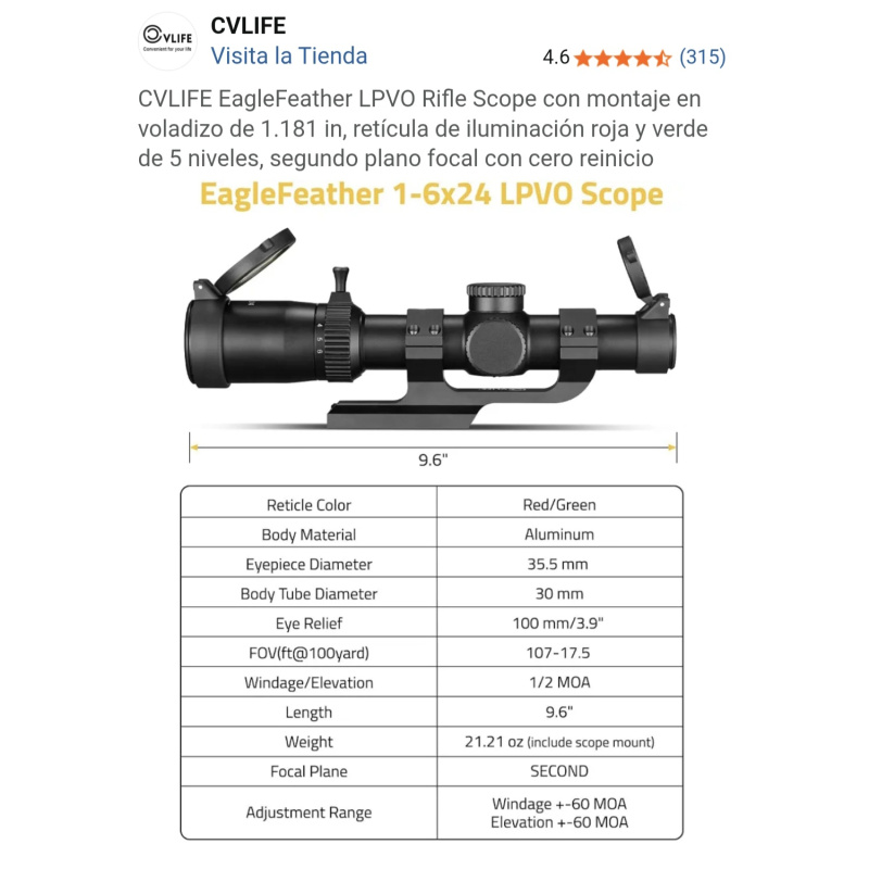 Visor Tactico Cvlife Eagle Feather Rifle 1-6×24 Nuevo $300,000