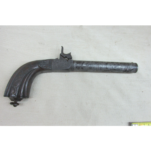 Antigua Pistola Siglo Xix Calibre 69 Damasco Gatillo Oculto Nogal